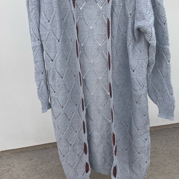 63Bohemian Knit Grey Lace Up Long Hood Gray Cardigan Brown Crochet Elbow Patches - Picture 5 of 7